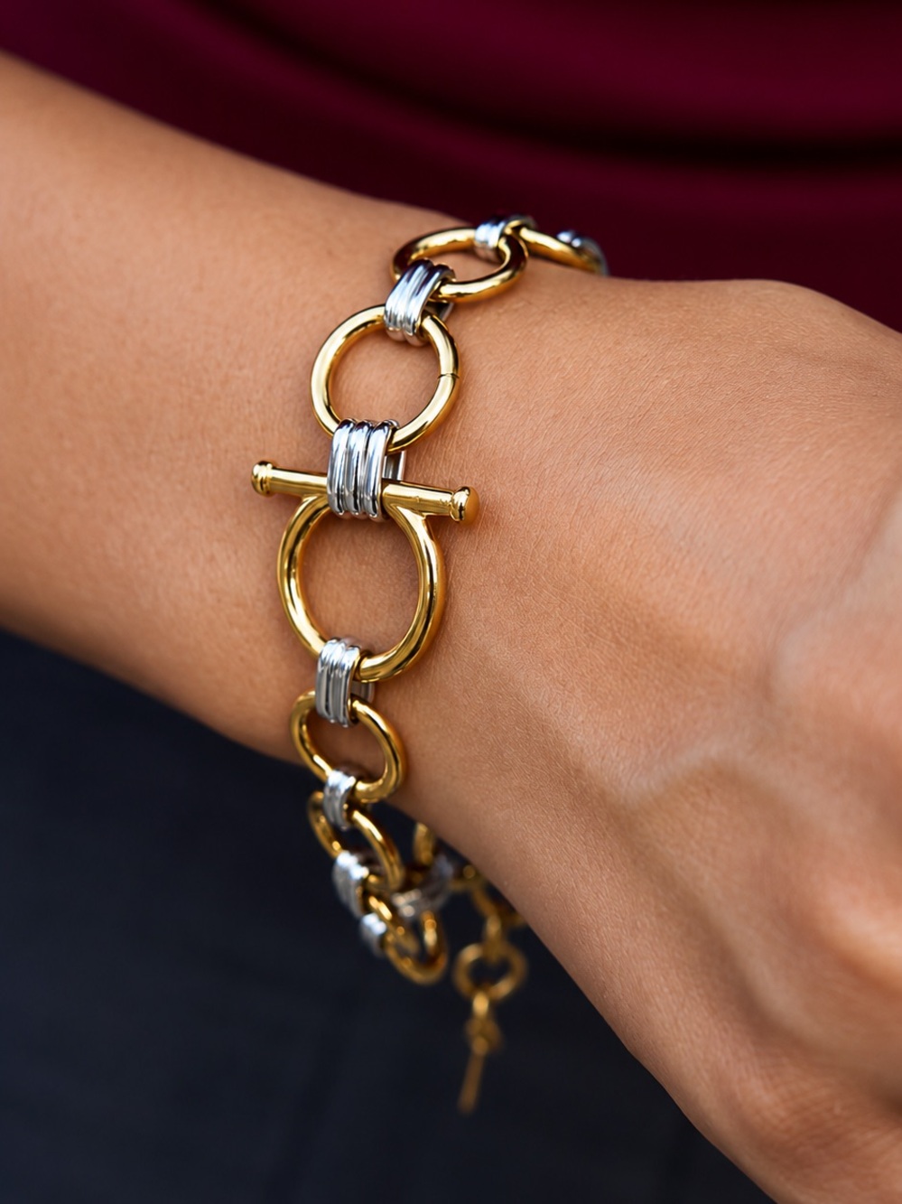 Two-Tone Gold & Silver Link Toggle Bracelet - Women Jewelry Stainless Steel